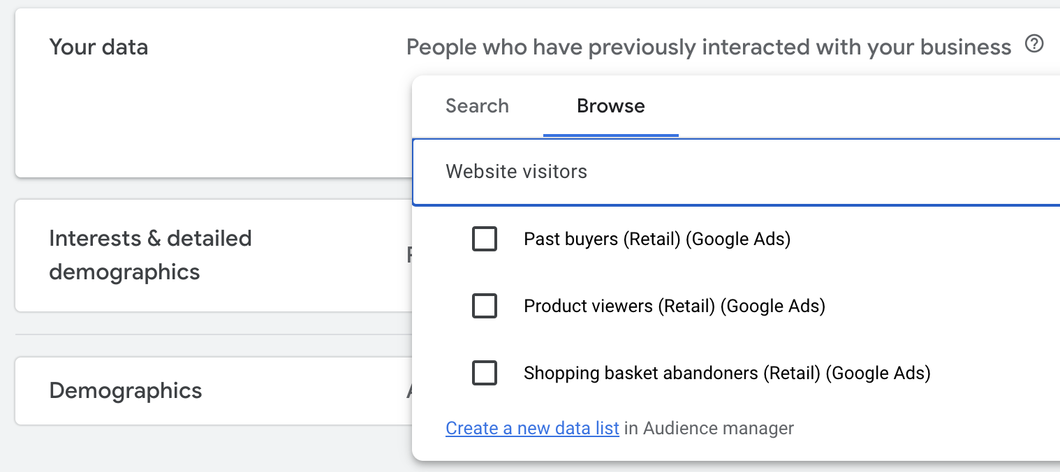 Screen Shot of adding non buyer audiences to Google Performance Max Audience Signals