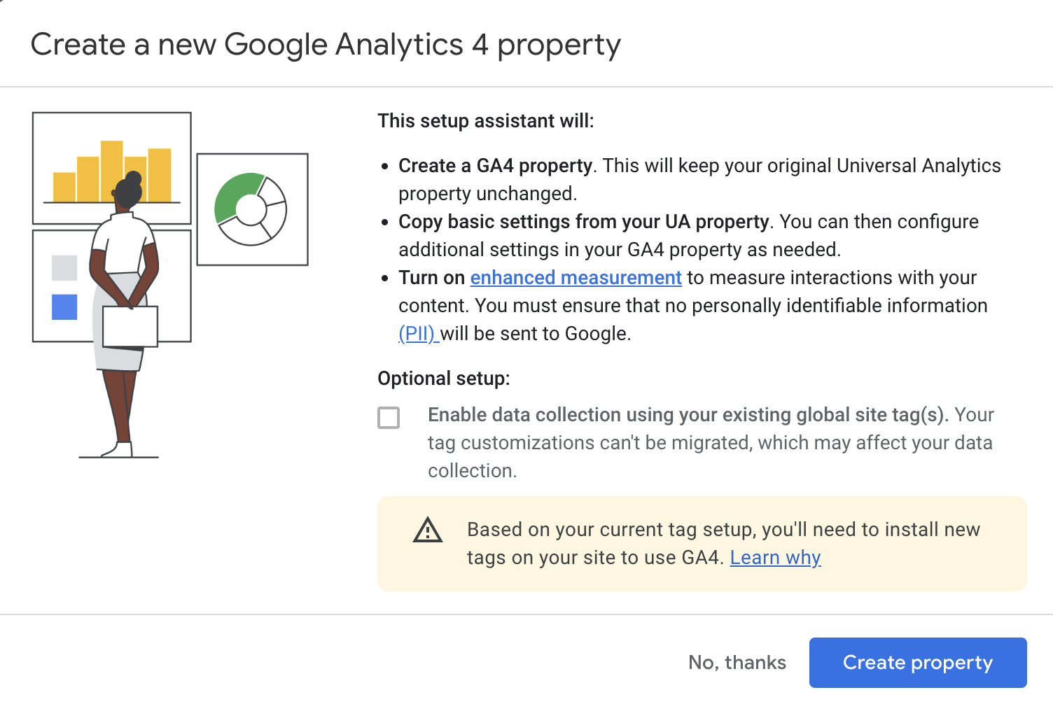 Create a new GA4 property - Enable data collection using existing global site tag