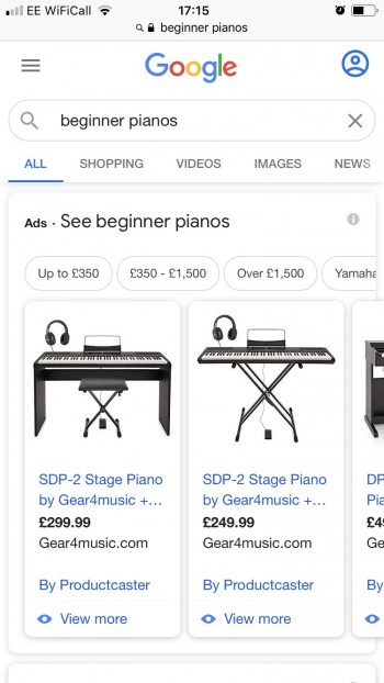 Mobile Screen Grab - Search Results - Beginner Pianos