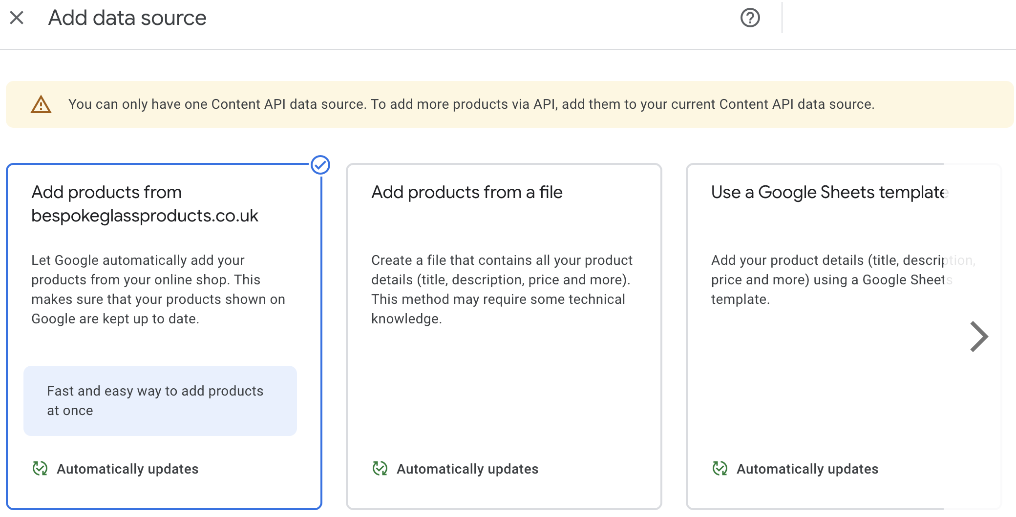 Screen shot of data feed options in Merchant Center Next interface