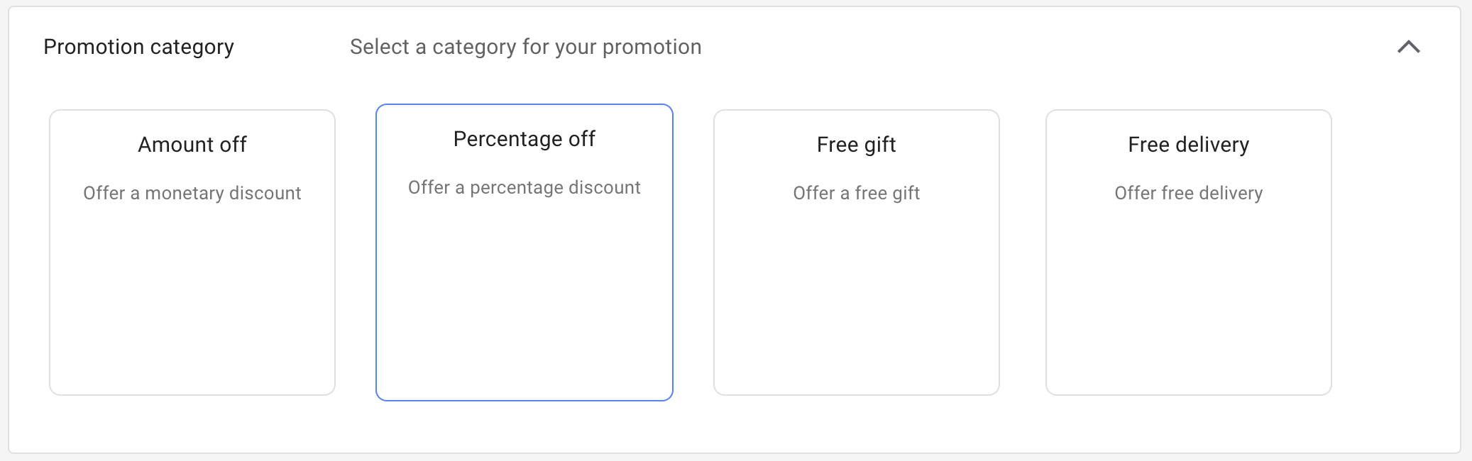 Screen capture of the different promotion options in Google Merchant Center