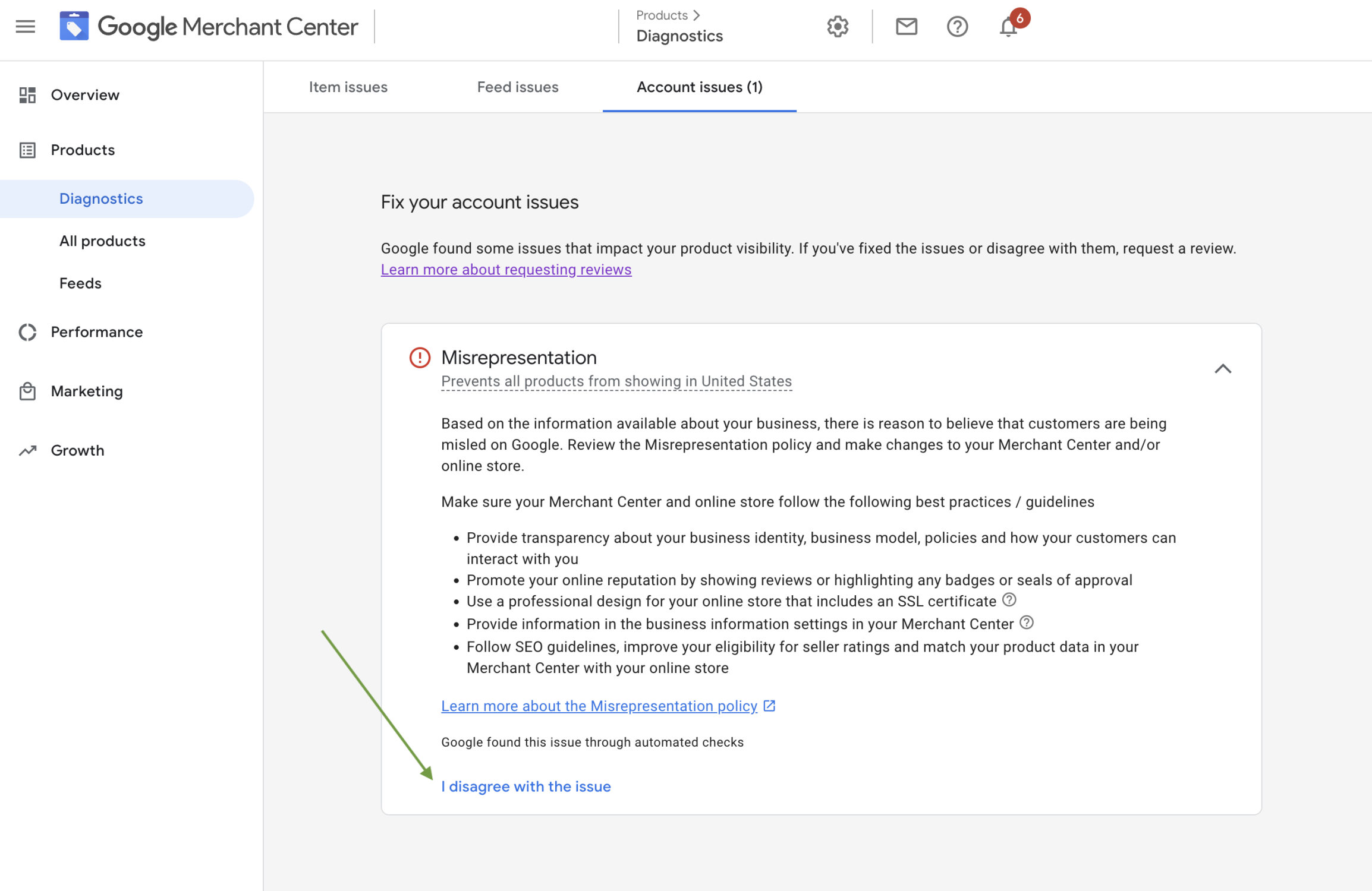 Screen shot of what to begin an account review in the Google Merchant Center classic interface following an account suspension