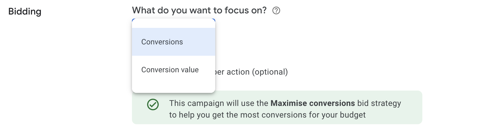 Screen shot of the bid strategy options for Google Ad Performance Max Campaigns - choose optimise for conversions or optimise for conversion value