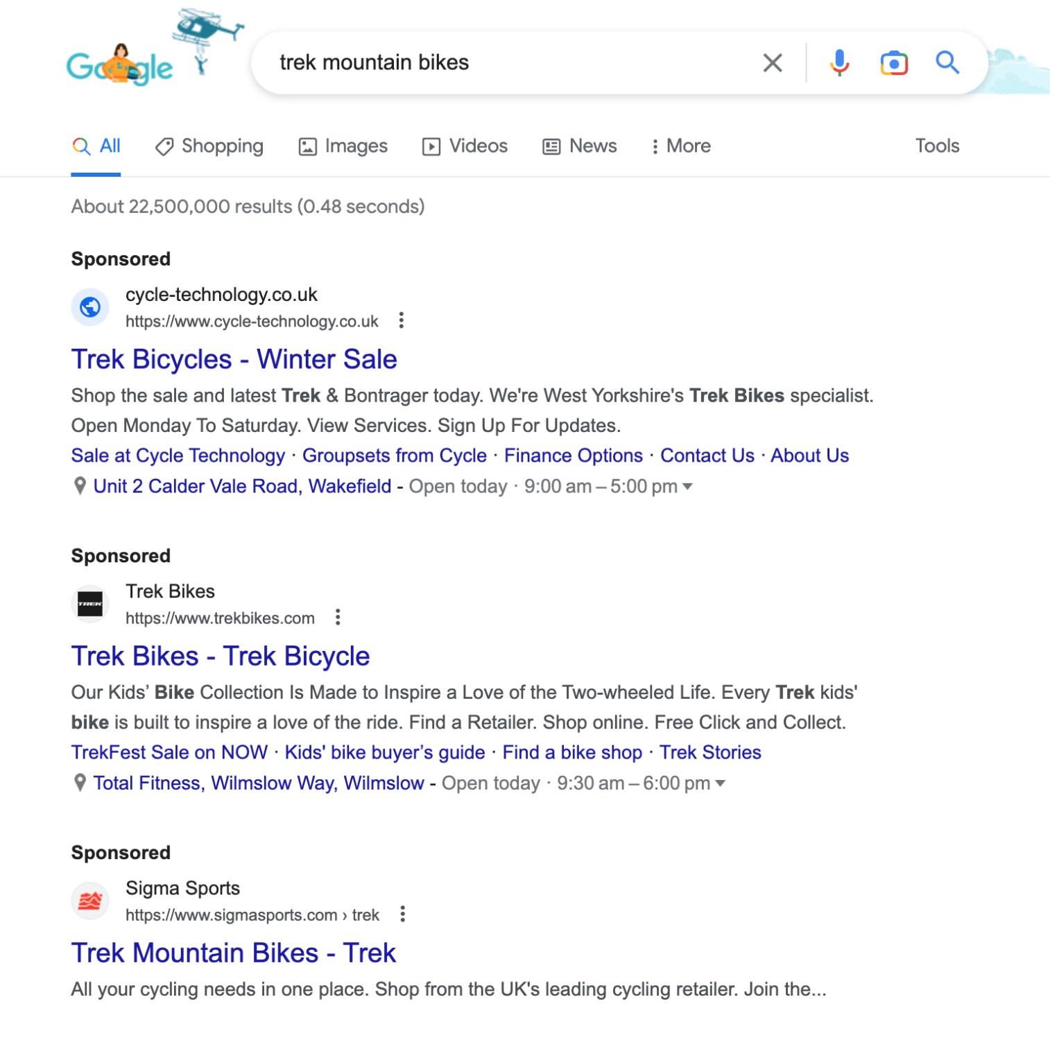 Screen shot of Google search engine results for brand search overlap with competitors