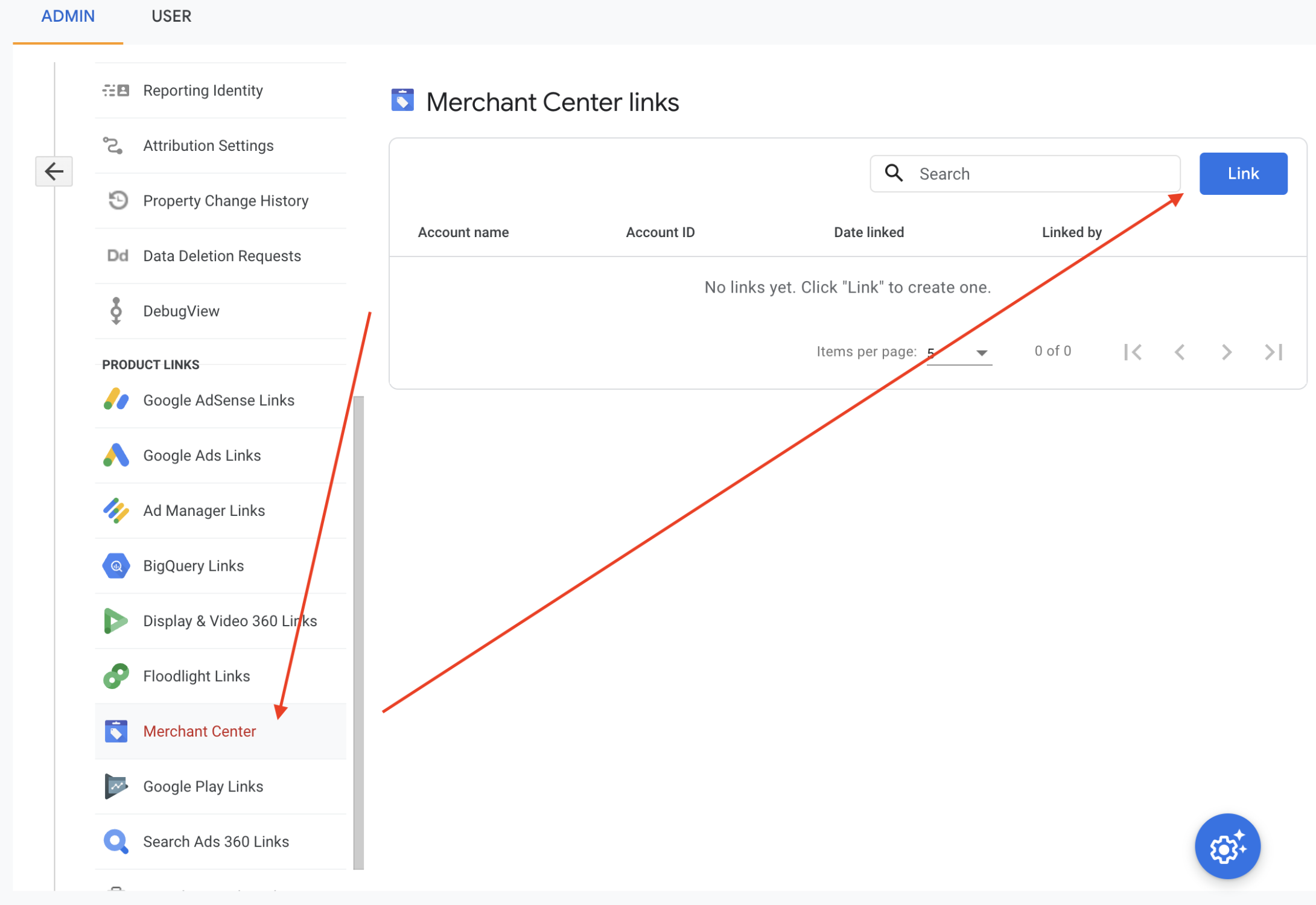 Screen shot of where to link Google Merchant Center with you Merchant Center account in Google Analytics 4