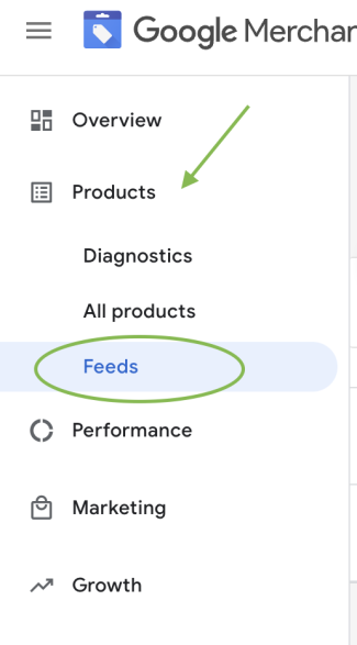 Screenshot of tools and settings menu in Merchant Center interface, showing where to access Feeds under the Products menu