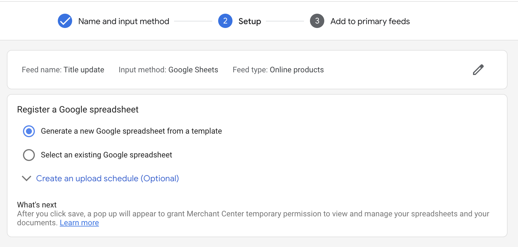 Screenshot showing confirmation of supplemental feed configuration in Goole Merchant Center when using a Google sheet