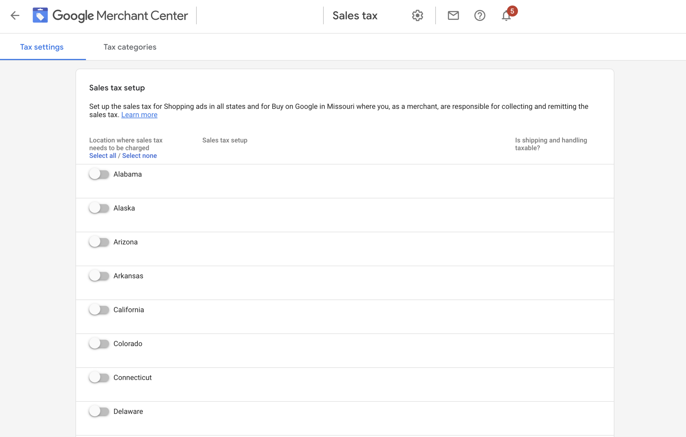 Screen shot of Google Merchant Center interface, Sales tax update for US sales