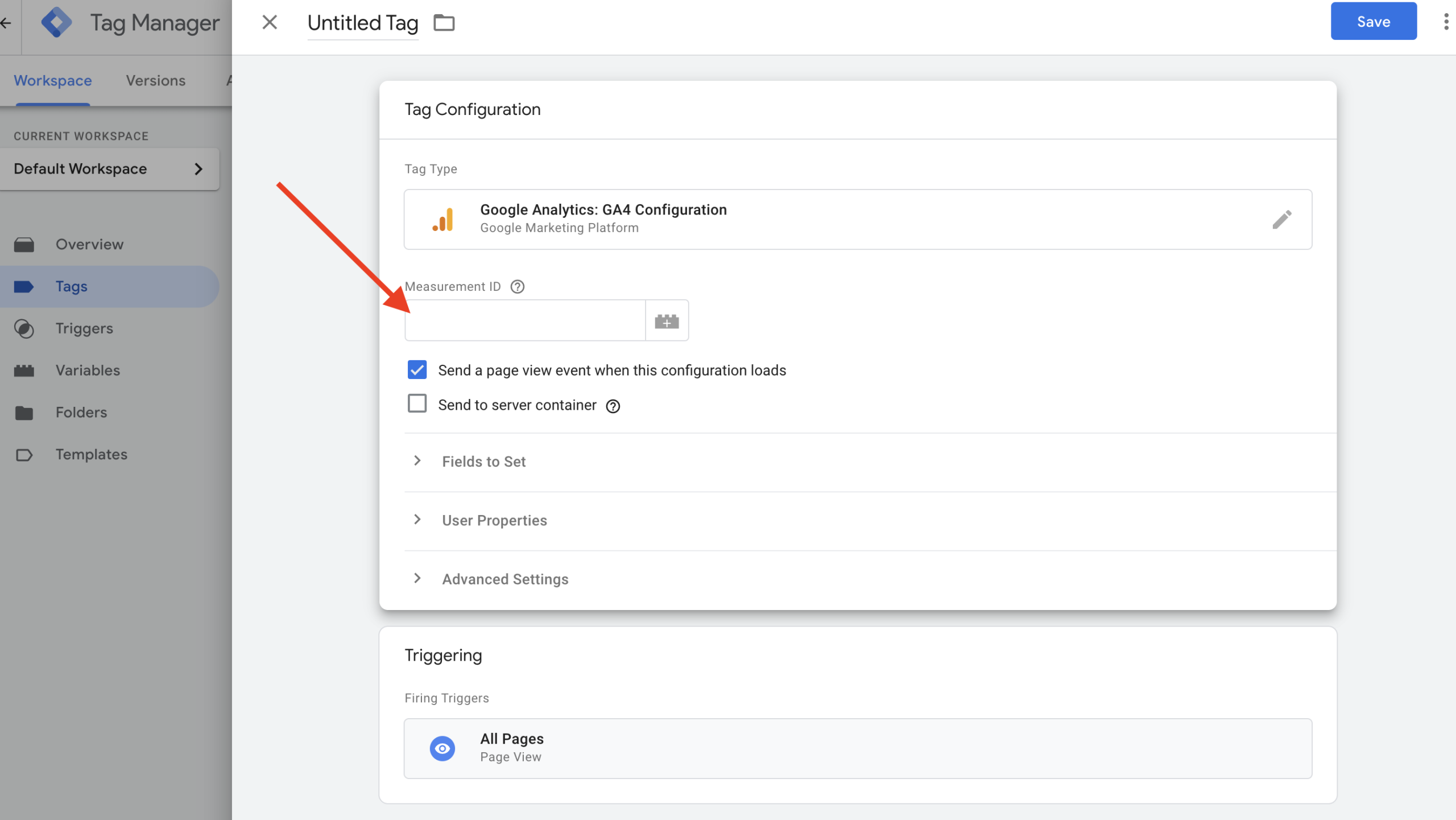 Add your GA4 measurement ID in Tag Manager