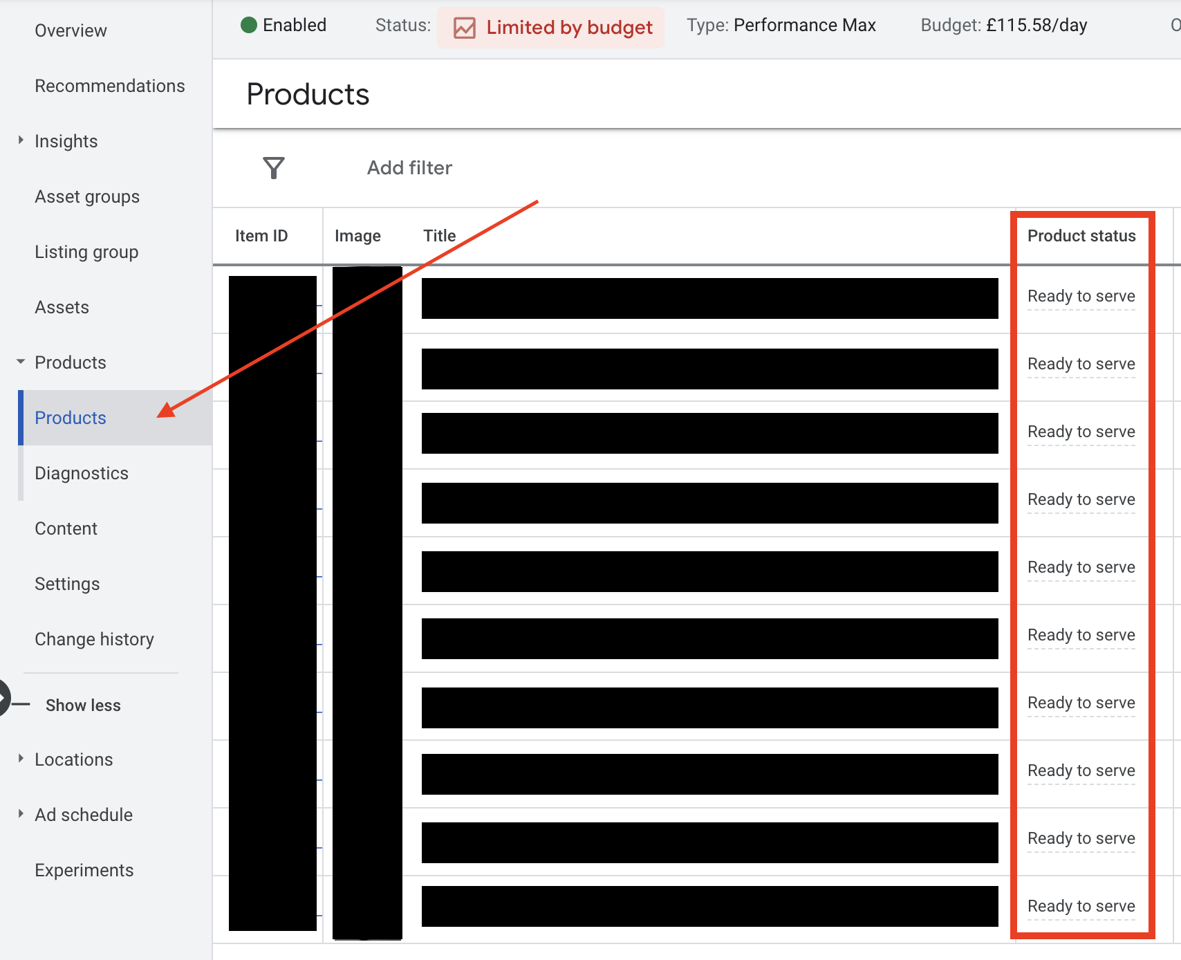 Screen shot of product status for Shopping Ads in Google Ads interface