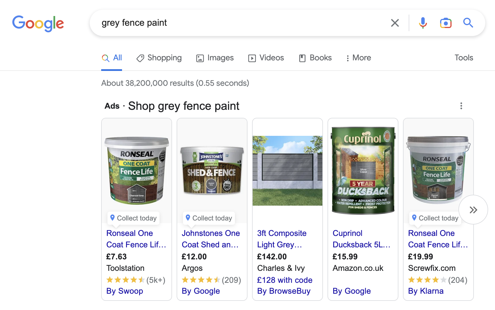 Screen shot of Google Shopping Ads in Google Search Result Pages