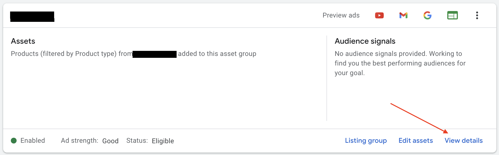 Screen shot of where to access assets within an asset group in the Google Ads interface for Performance Max campaigns
