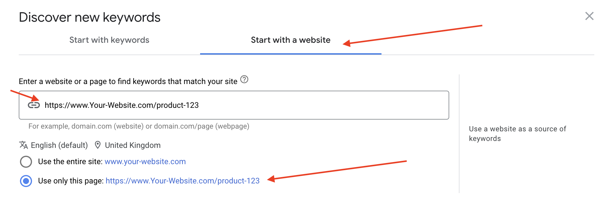 Screen grab with annotation to indicate what to select to discover new keywords based on website content in Google Keyword Planner