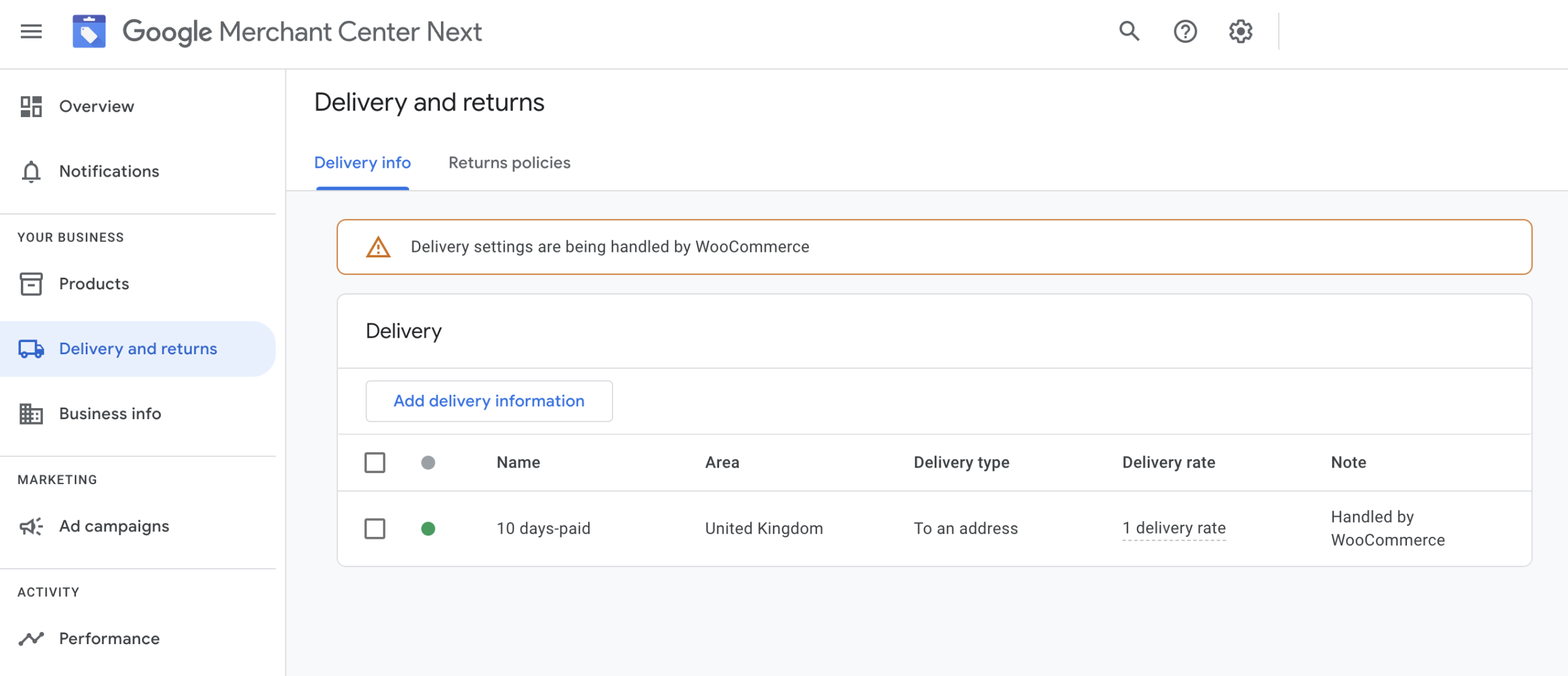 Screen shot of the Delivery tab in Google Merchant Center Next interface
