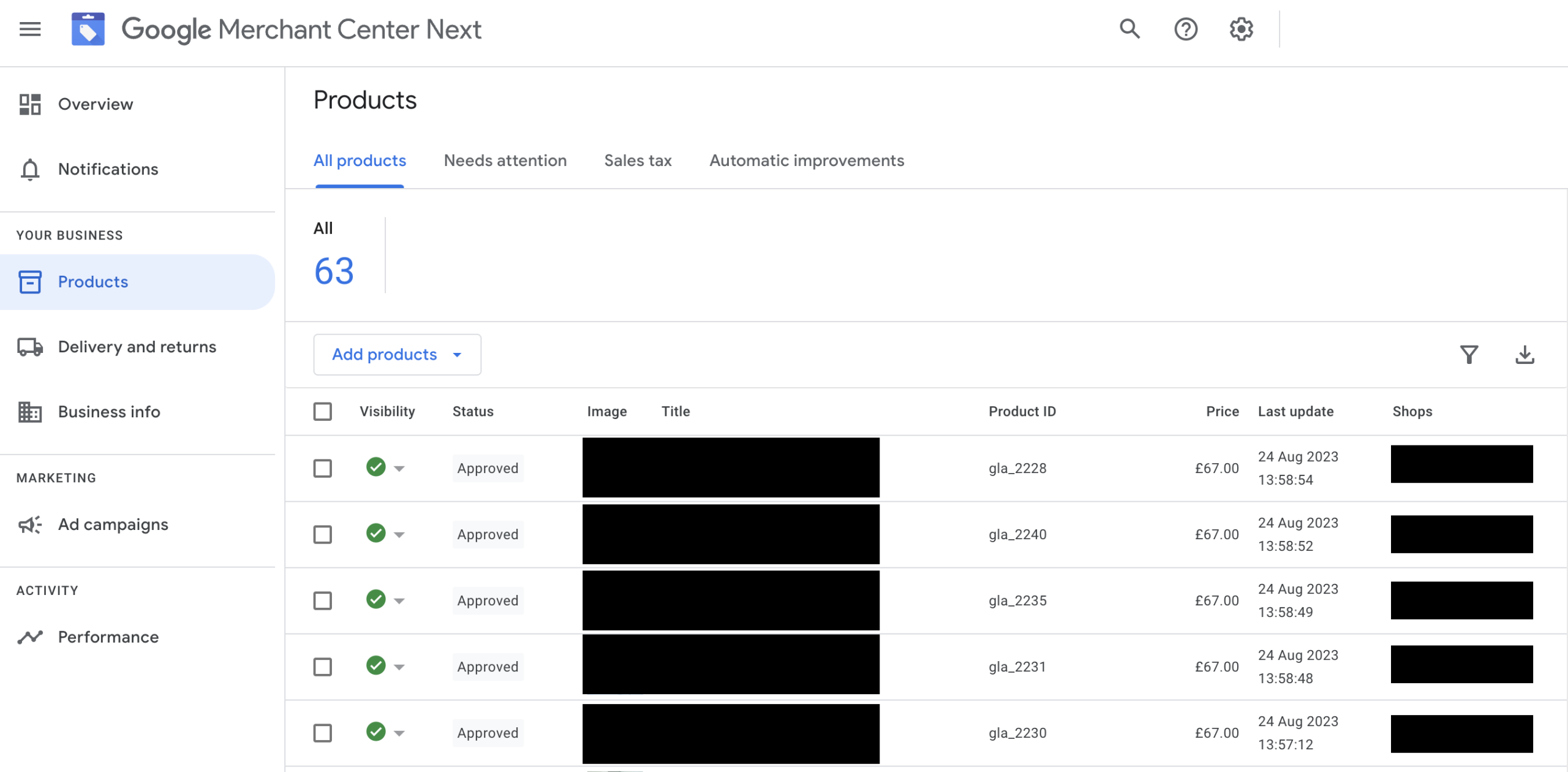 Screen shot of Products tab in the Google Merchant Center Next interface