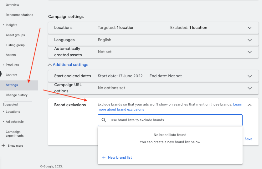 Screen shot of where to add brand exclusions in Performance Max within Google Ads interface