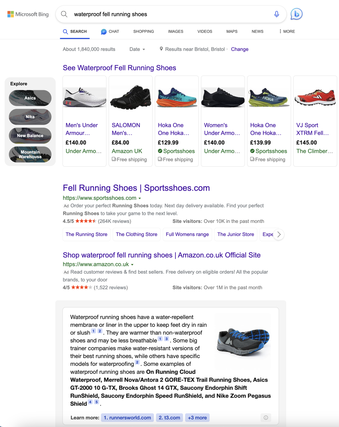 Screen shot of Bing Search Results Page following a search for Waterproof fell running shoes