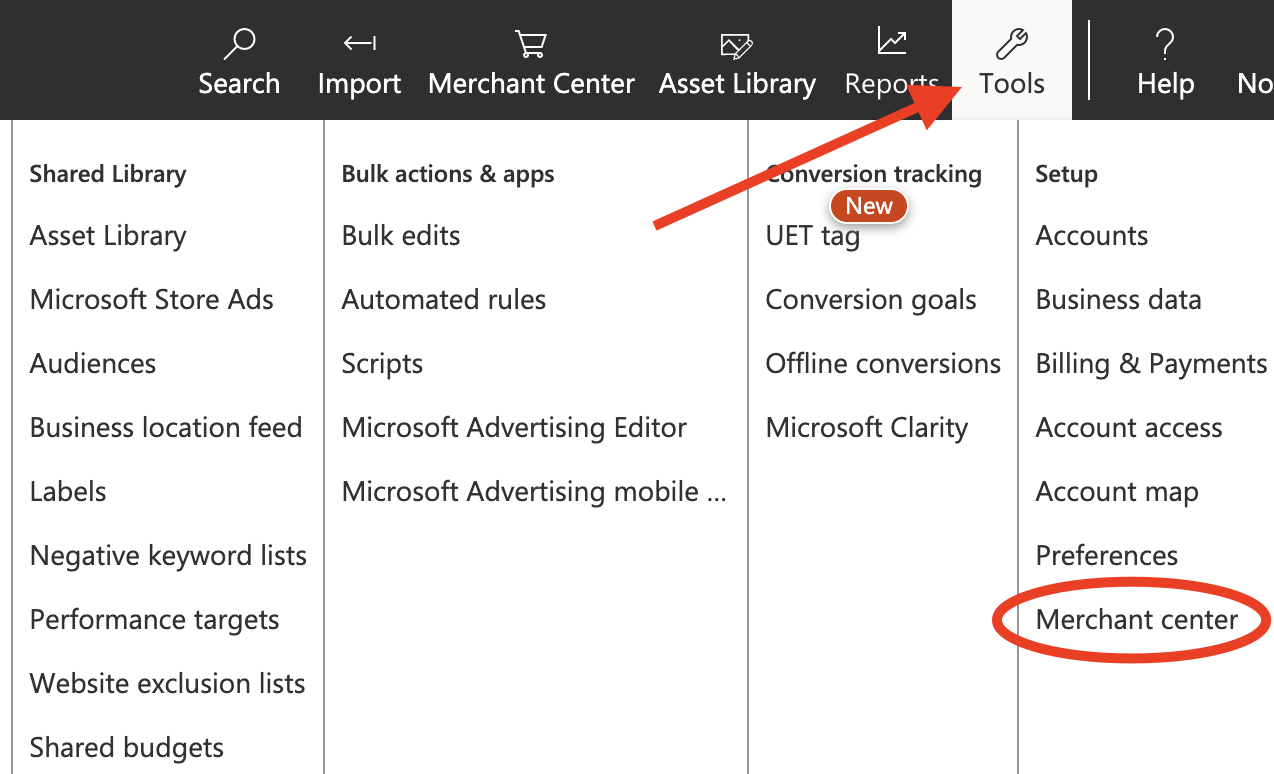 Screen shot of how to access Merchant Center in Bing Ads interface