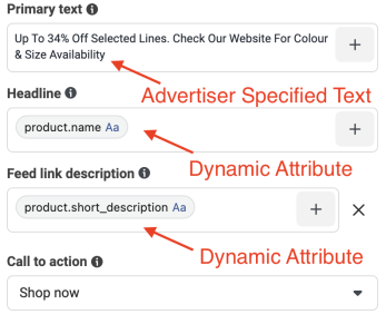 Screen shot highlighting the placement of product attributes when creating a Facebook Ad