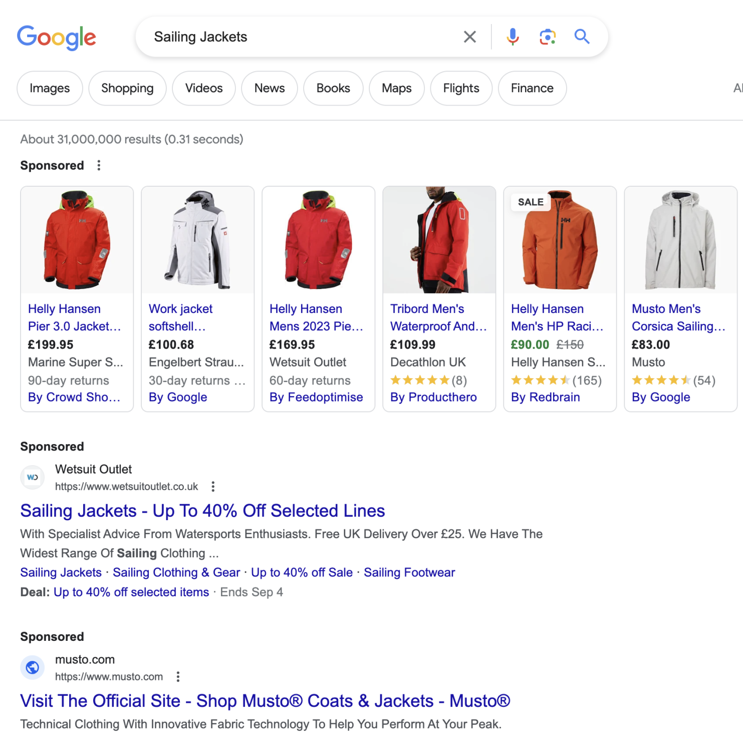 Screen shot of Google SERPs following a search for Sailing Jackets