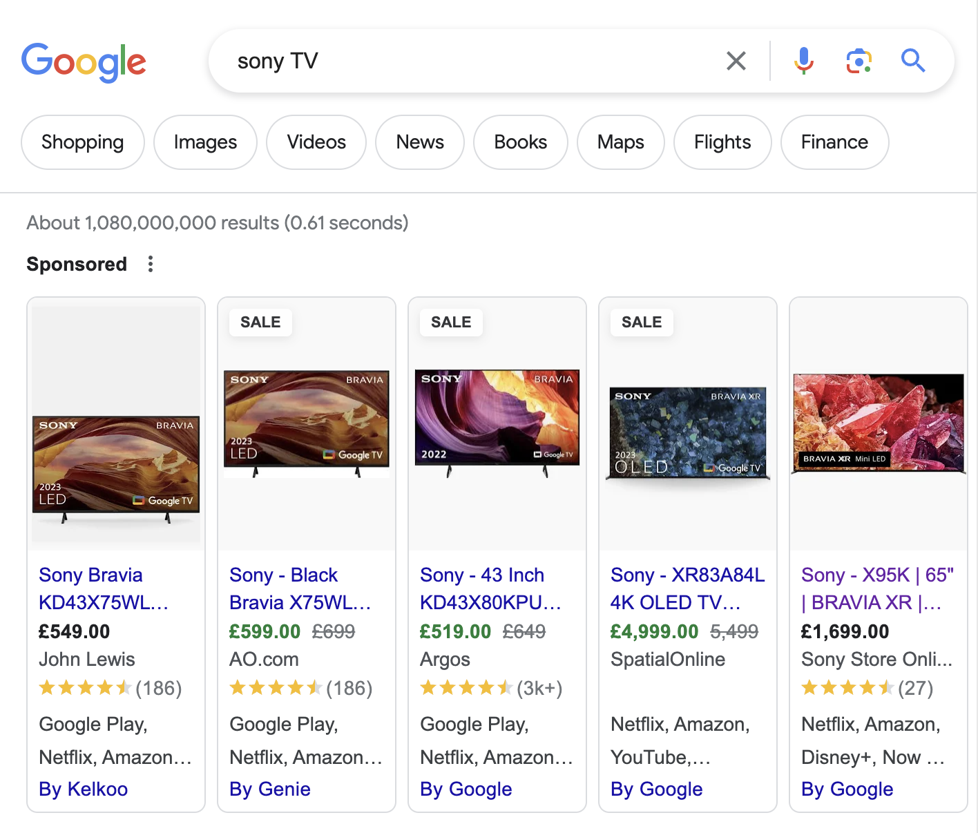 Screen shot of Google Shopping Ad results when searching for Sony TV's