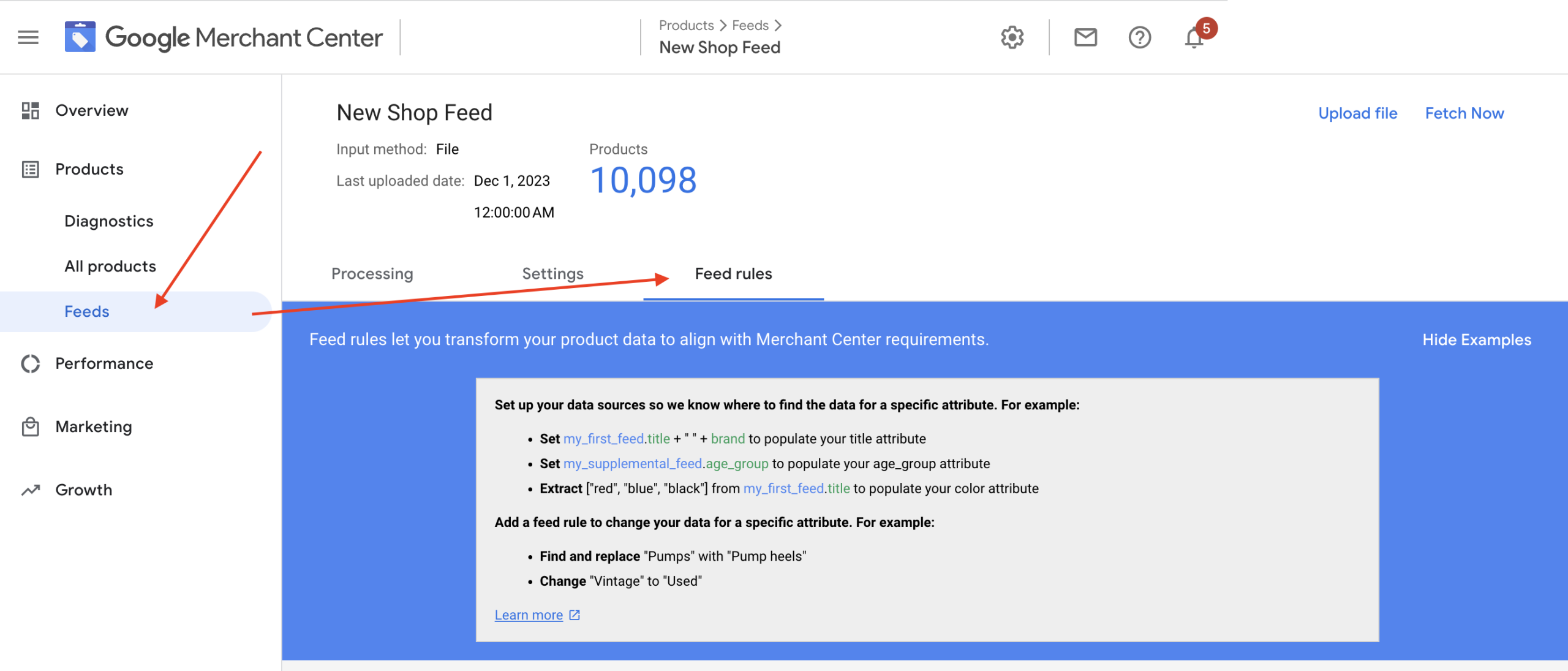Screen shot of Google Merchant Center annotated, to indicate where to access Feed Rules
