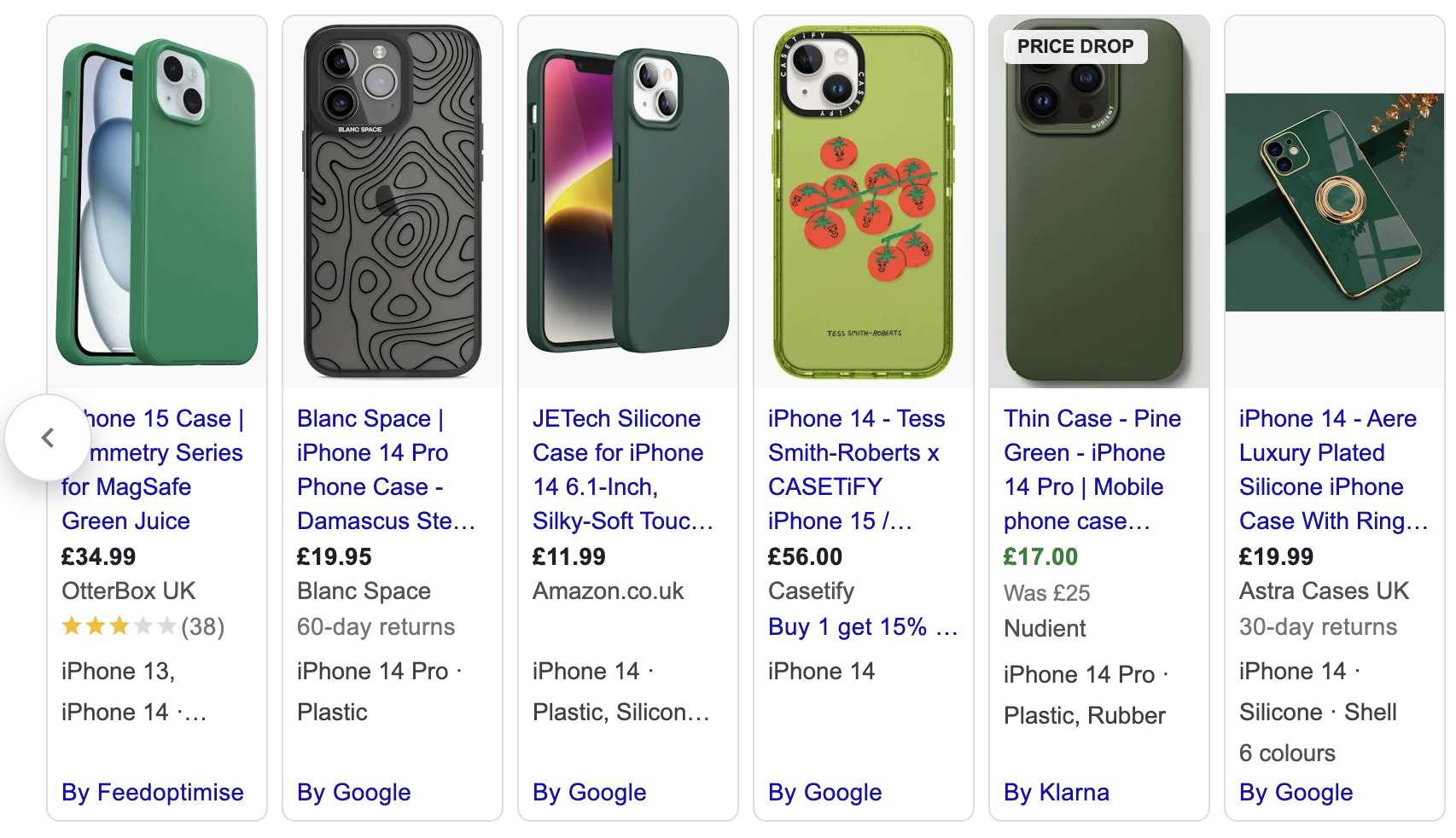 Screen grab of example Google Shopping ads served for a search query in the Google search engine 'green phone case'
