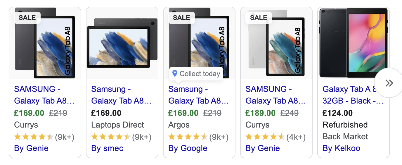 Screen grab of Google Shopping ad results for Samsung Tablets to demonstrate how advertisers manipulate images to make ads stand out against competitors
