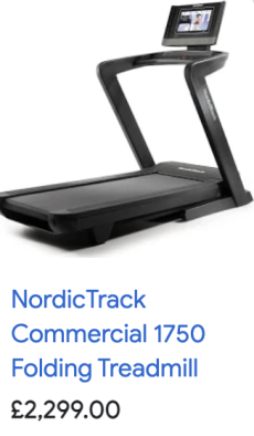 Screen shot example of Google Shopping Ad for NordicTrack Folding Treadmill referenced while discussing possible description optimisations.