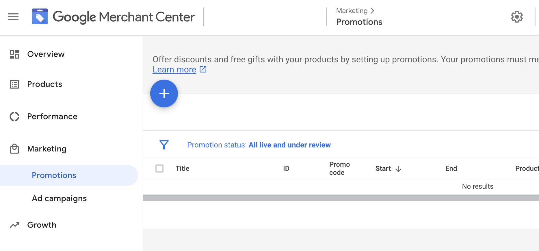 Screen shot of Google Merchant Center interface, showing the promotion tab