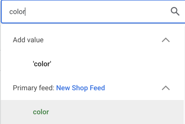 Screen grab of Google Merchant Center interface, when creating a feed rule to prepend the color attribute to product title attribute