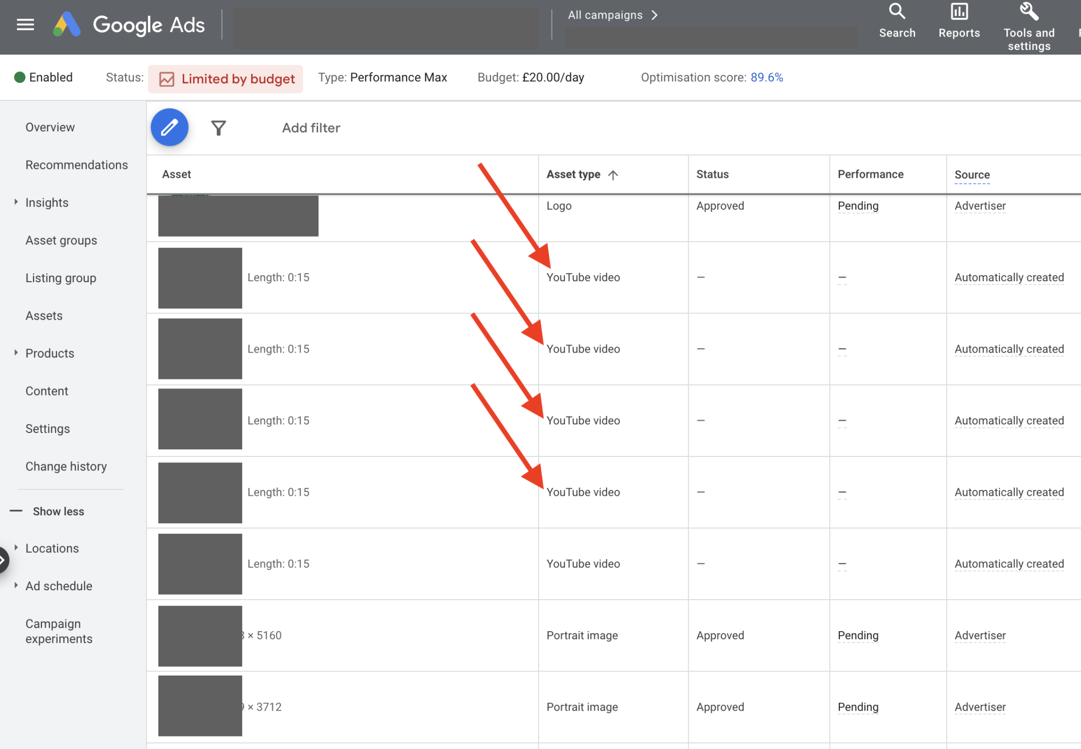 Screen shot of where to check Youtube video assets in Google Ads Performance Max interface