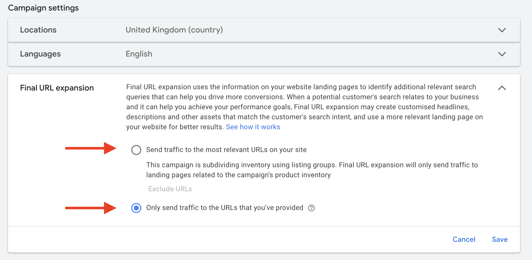 Screen Shot of Final URL Expansion setting in Google Ads Performance Max interface