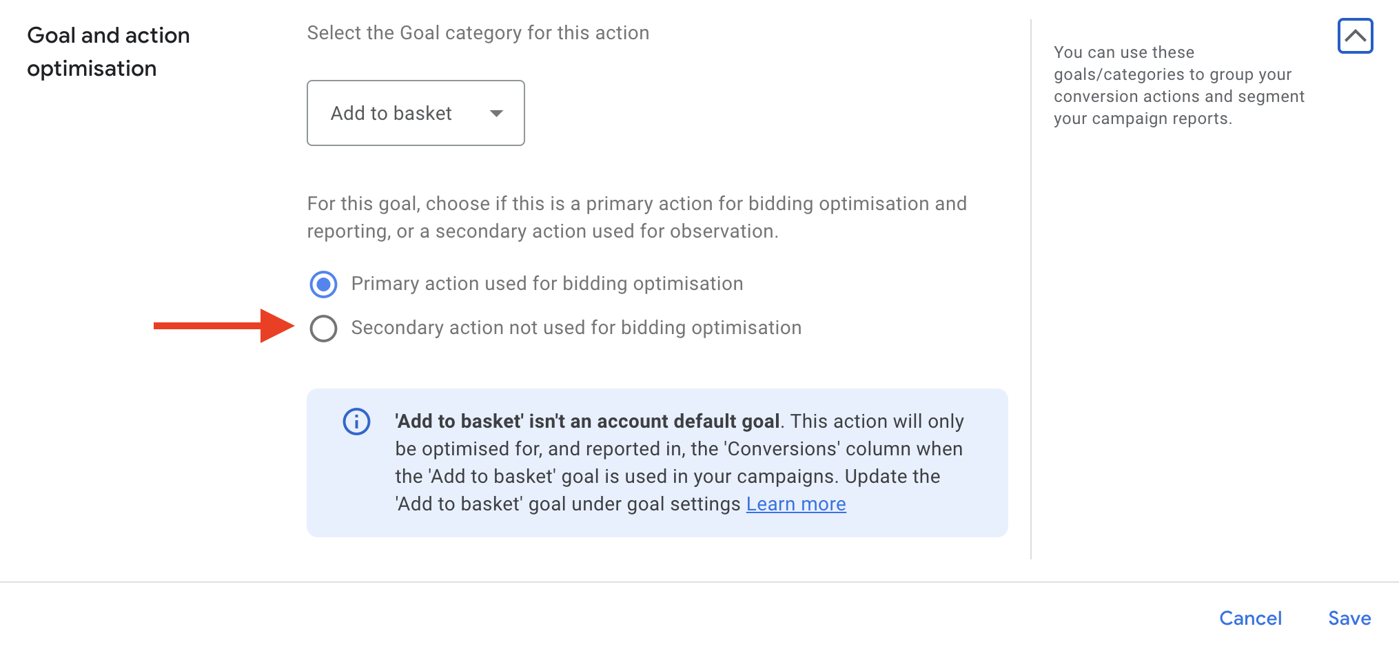 Screen shot of Primary vs Secondary Conversion Action in Google Ads interface