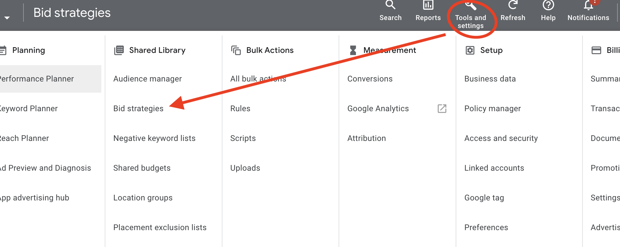 Screen shot indicating where to locate shared bidding strategies in Google Ads interface