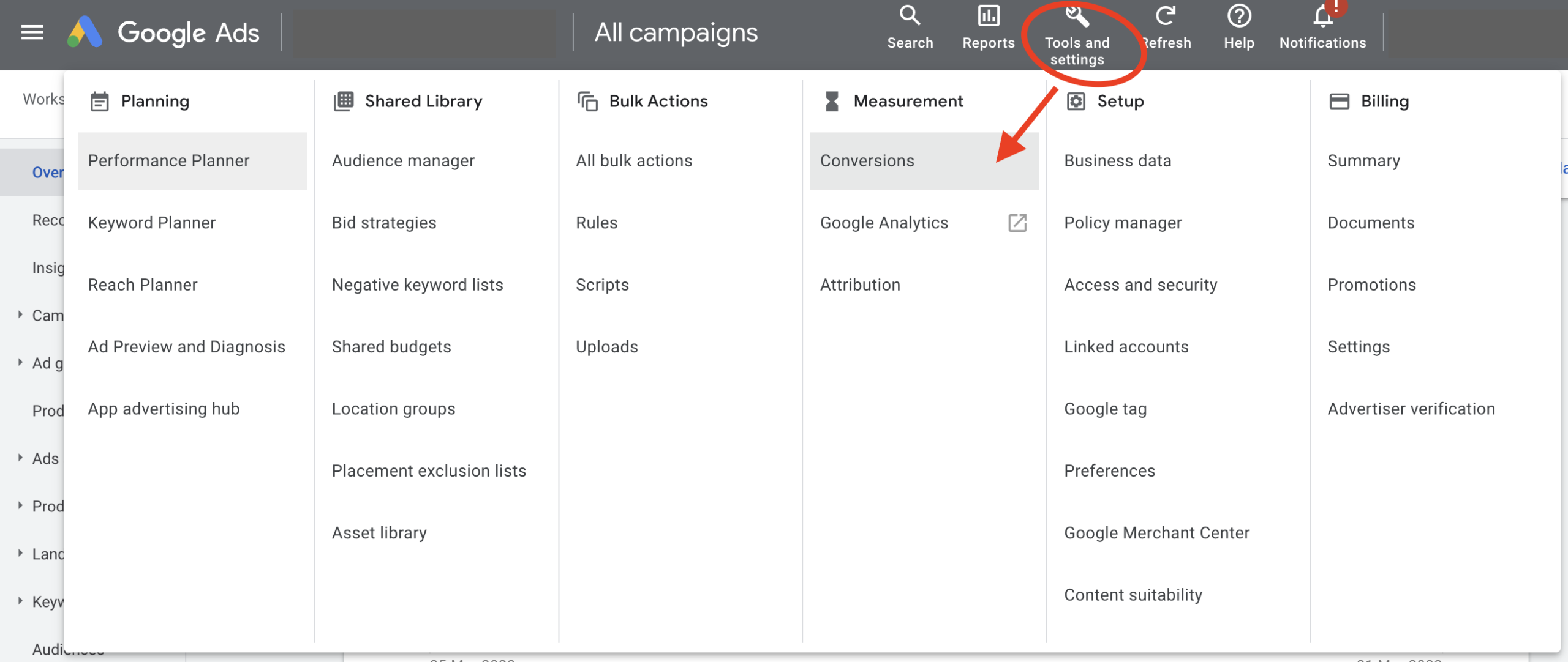 Screen shot of where to edit conversions in Google Ads account interface