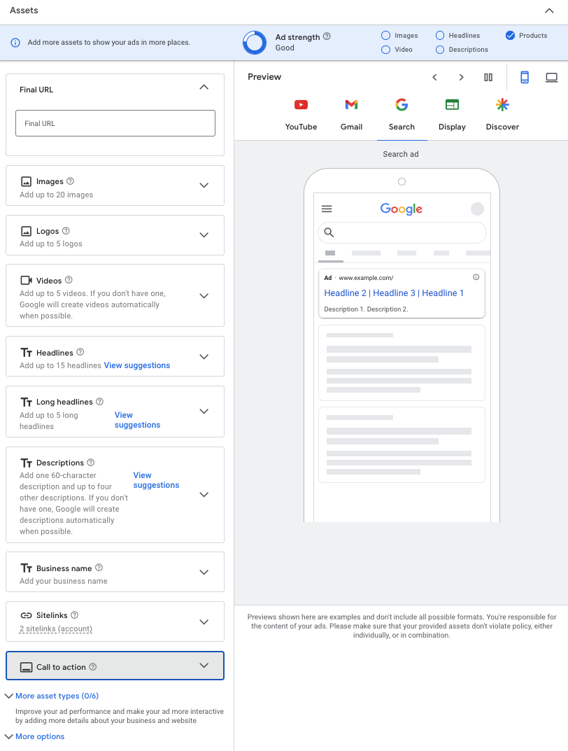 Screenshot of creating ad assets for a Performance Max campaign in the Google Ads interface