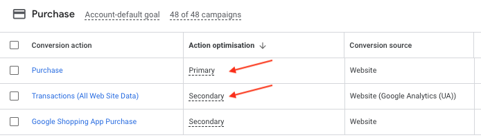 Viewing conversion action settings in Google Ads interface