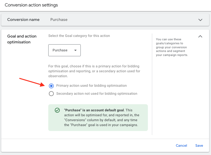 Screen shot of selecting Primary or Secondary conversion actions in Conversion Settings within the Google ads interface