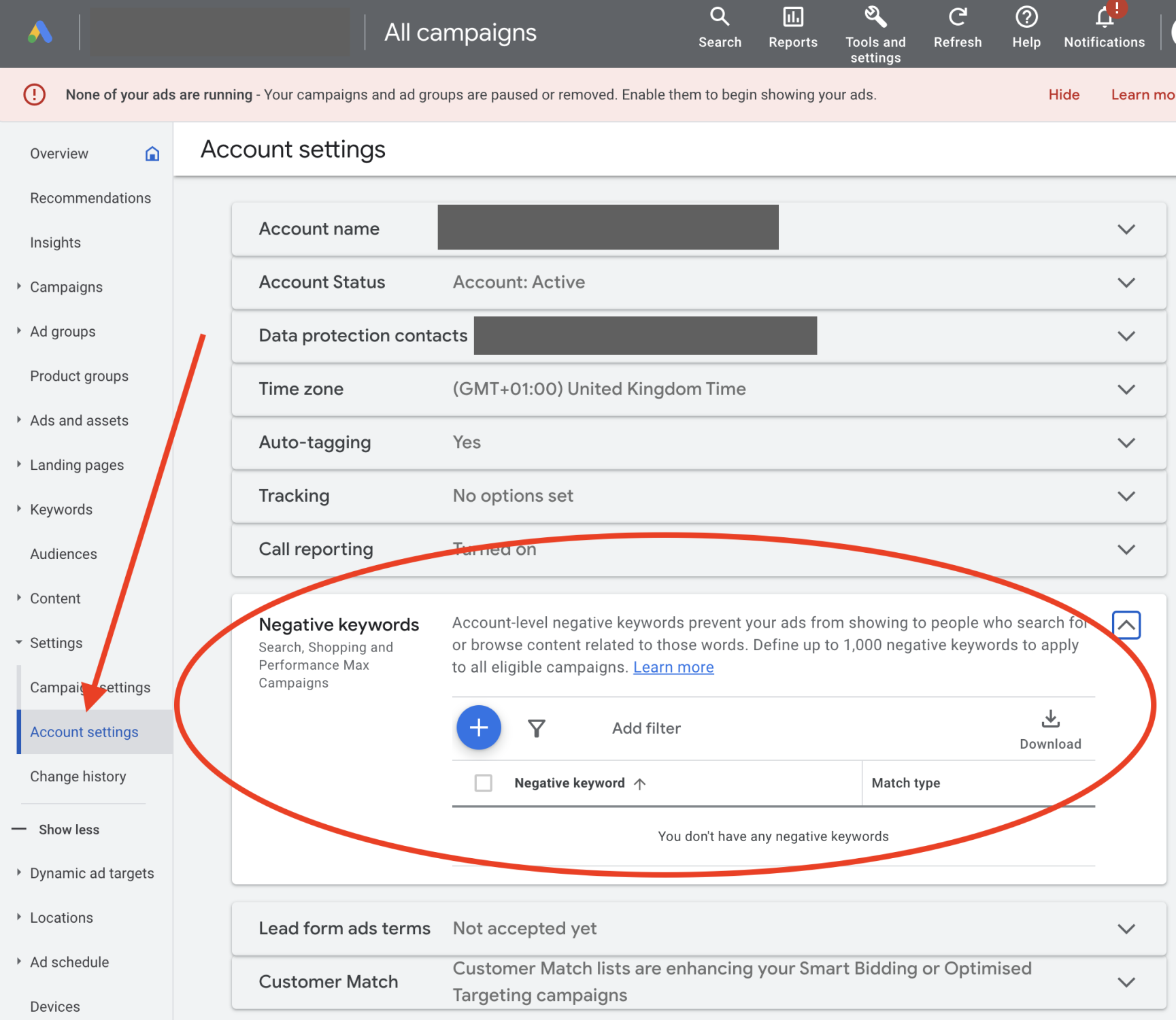 Screen shot of Google Ads Account Level settings for Negative Keyword