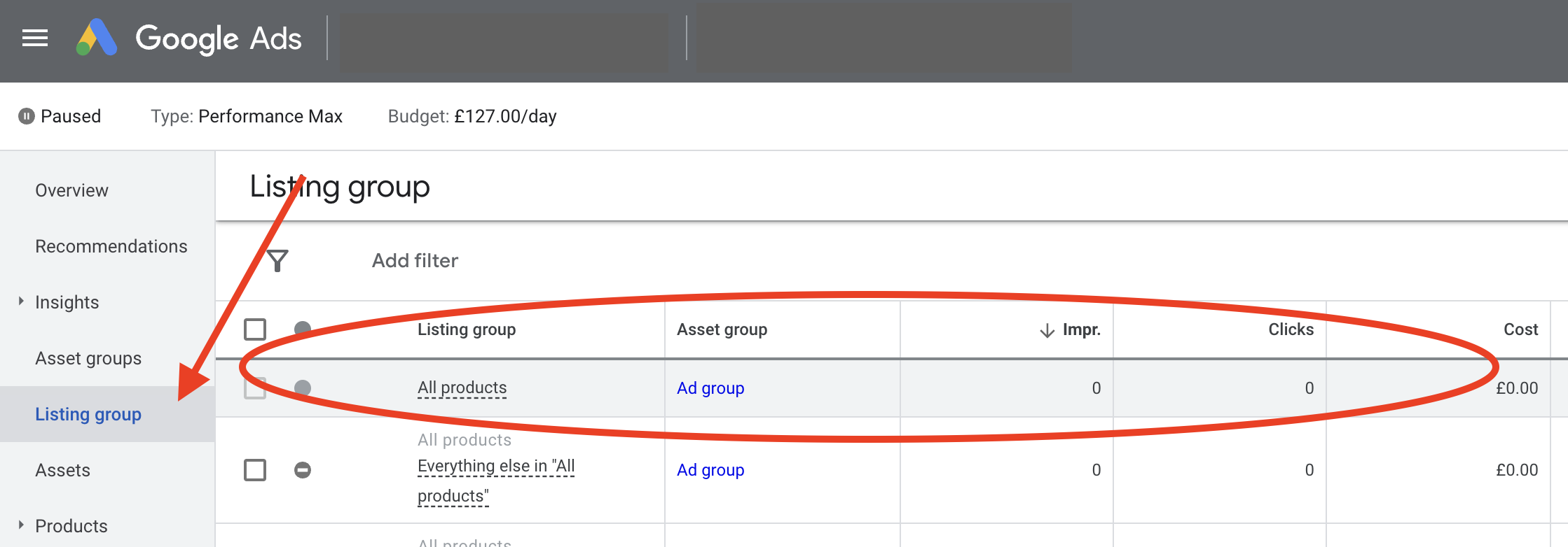 Screen shot of listing groups in Performance Max campaigns, in Google Ads interface