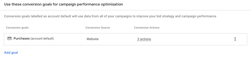 Screenshot of Choosing a conversion goal when setting up a new Performance Max campaign in Google Ads interface