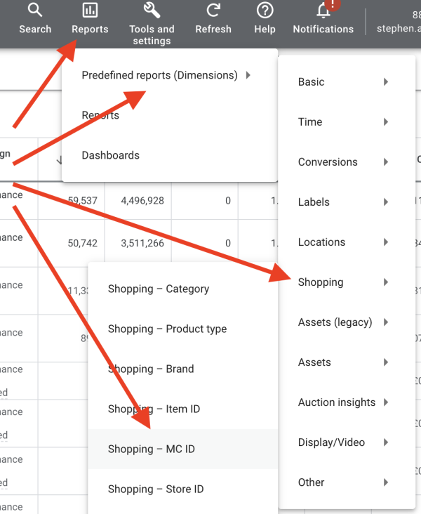 Screen shot of how to access product performance by Merchant Centre ID in Google Ads interface