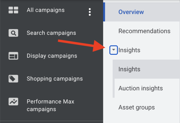 Screen shot of where to find Insights tab in Google Ads interface for Performance Max campaigns