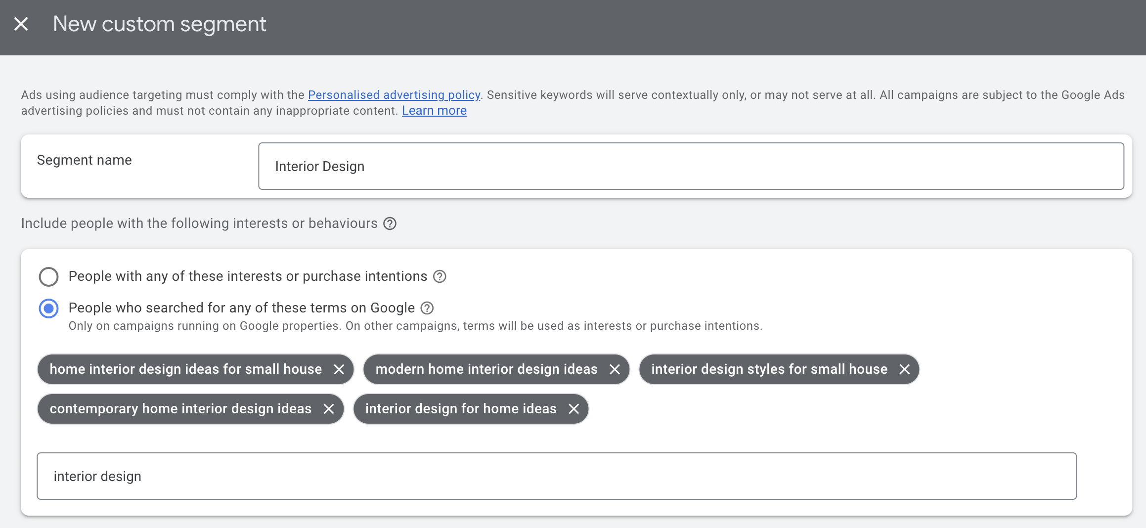 Screen shot of adding keyword targeting to Google Performance Max Audience Signals
