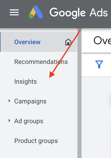 Screen shot of where to access the Insights in Google Ads Performance Max Campaigns