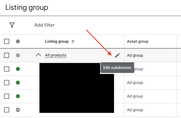 Screen shot of where to break out product listing groups in Google Ads interface