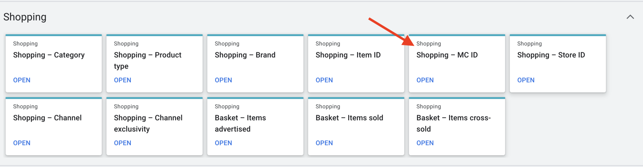 Screen shot of showing where to find Shopping - MC ID report in Google Ads Reporting interface