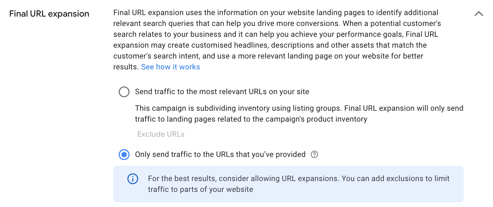 Screen shot of settings in Google Ads Campaign interface - URL Expansion option for Performance Max