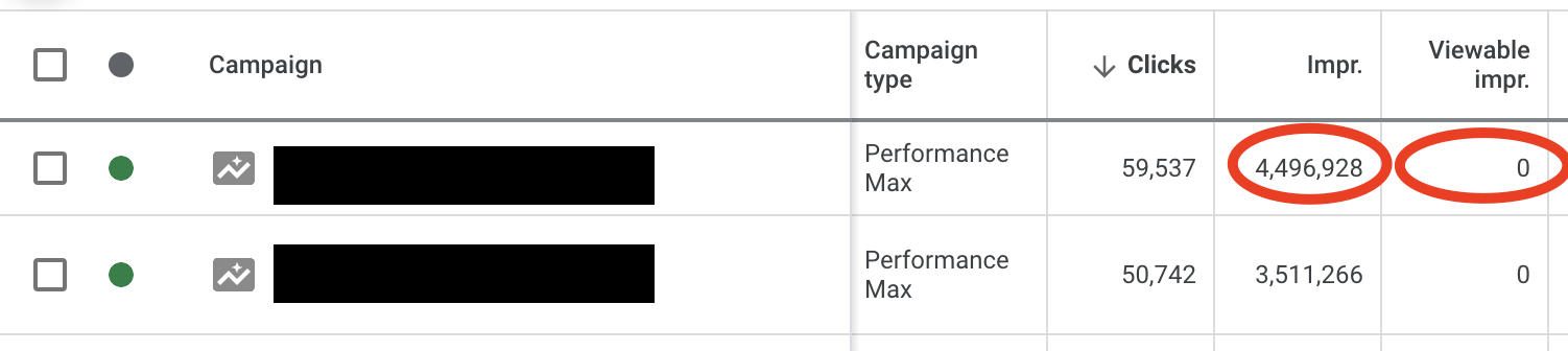 Screen shot of where to view ad impression metrics for Google Performance Max campaigns